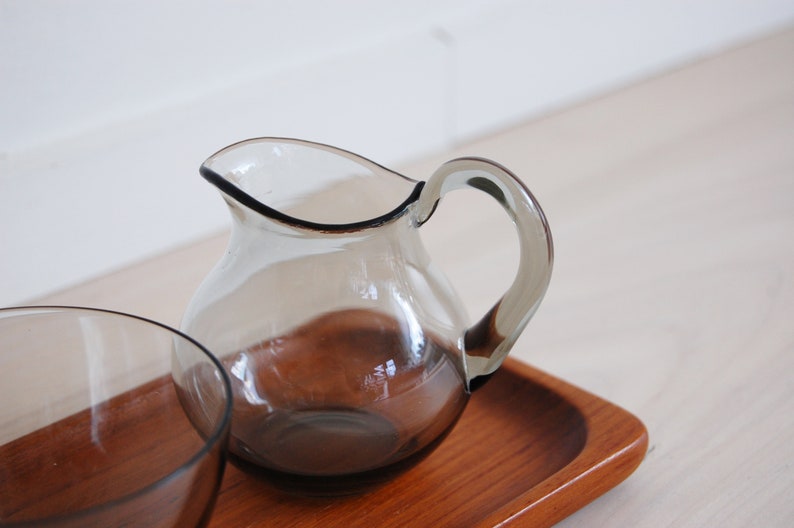 Vintage Scandinavian Modern Sowe Sovestad Smoked Grey Glass Milk and Sugar Containers with Teak Tray image 4