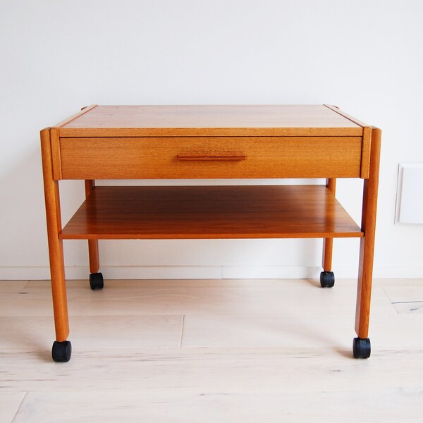 Danish Modern Teak Side Table with Drawer and Casters