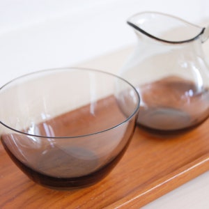 Vintage Scandinavian Modern Sowe Sovestad Smoked Grey Glass Milk and Sugar Containers with Teak Tray image 3