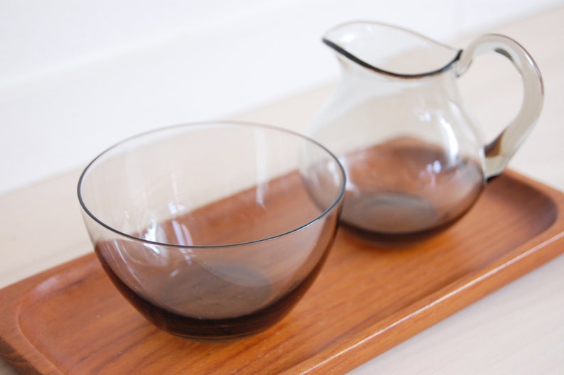 Vintage Scandinavian Modern Sowe Sovestad Smoked Grey Glass Milk and Sugar Containers with Teak Tray image 3