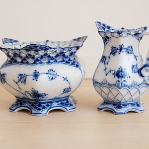 Royal Copenhagen Blue Fluted Full Lace Sugar Bowl and Creamer Made in Denmark, 1113, 1032