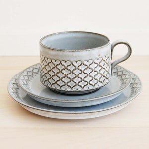 Danish Modern Jens Quistgaard Nissen "Cordial" Coffee/Tea Cup, Saucer, and Cake Plate Set Made in Denmark