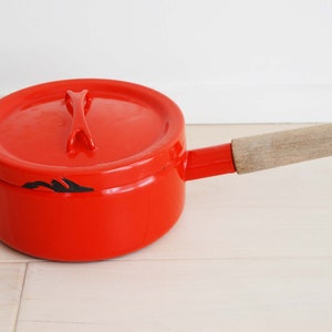 Scandinavian Modern Vintage Arabia Finland Finella Enamel Pot With Wooden Handle Orange with Lid