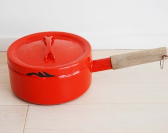 Scandinavian Modern Vintage Arabia Finland Finella Enamel Pot With Wooden Handle Orange with Lid