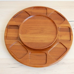Danish Modern Digsmed Large Teak and Glass Lazy Susan Round Serving Tray Made in Denmark image 3