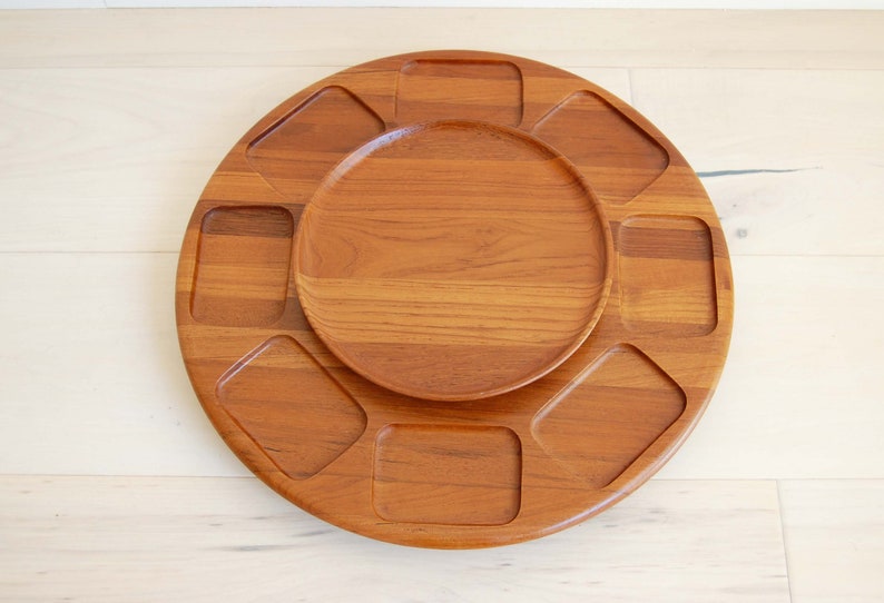 Danish Modern Digsmed Large Teak and Glass Lazy Susan Round Serving Tray Made in Denmark image 3