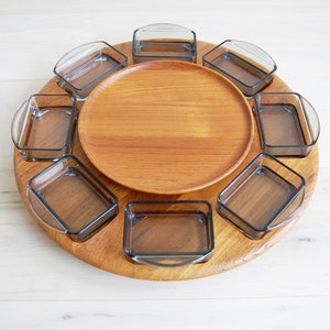 Danish Modern Digsmed Large Teak and Glass Lazy Susan Round Serving Tray Made in Denmark image 1