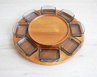 Danish Modern Digsmed Large Teak and Glass Lazy Susan Round Serving Tray Made in Denmark