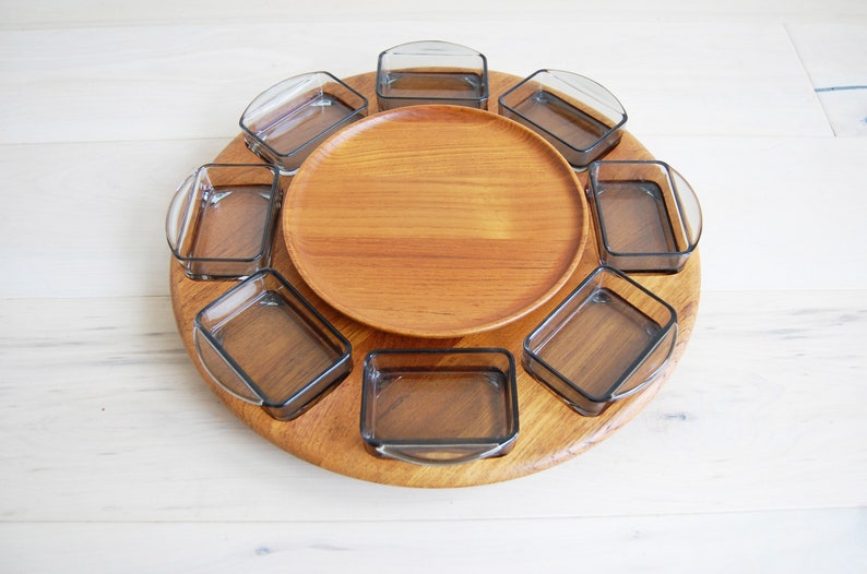 Danish Modern Digsmed Large Teak and Glass Lazy Susan Round Serving Tray Made in Denmark image 1