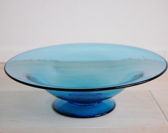 Vintage Transparent Celeste Blue Hand Blown Footed Glass Bowl Center Piece