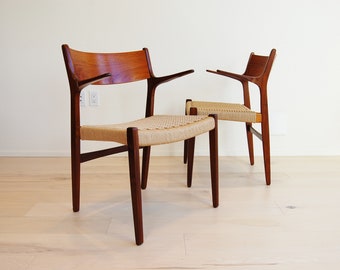 Pair of Danish Modern Teak and Afromosia Armchairs with New Paper Cord Seats