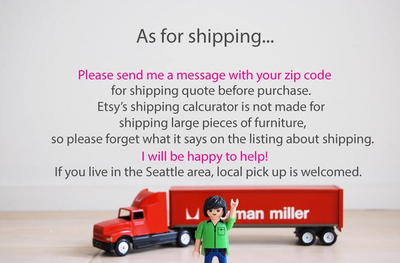 May include: A red toy semi-truck with a matching trailer, featuring the text "man miller." A small figure in a green shirt and black pants stands in front of the trailer. Text above reads "As for shipping..." and other shipping information.