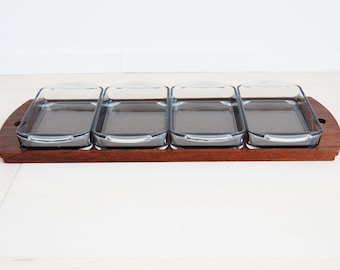 Danish Modern Laurids Lonborg Teak Rectangular Serving Tray with 4 Smoke Gray Glass Dishes Made in Denmark