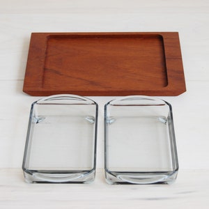 Scandinavian Modern Rectangular Teak Serving Tray with 2 Glass Dishes image 2