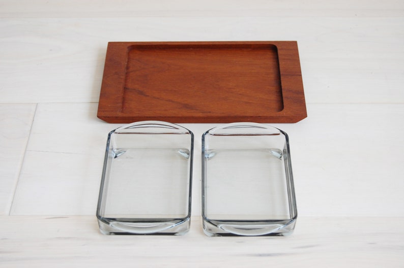Scandinavian Modern Rectangular Teak Serving Tray with 2 Glass Dishes image 2