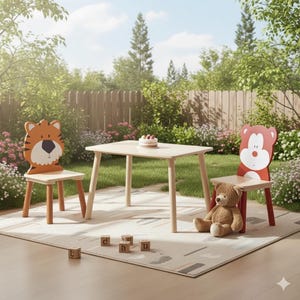 Könnte beinhalten: Ein Kinderspielset für den Außenbereich mit einem Tisch aus hellem Holz und zwei Stühlen. Ein Stuhl hat ein Tigergesicht, der andere ein Bärengesicht. Ein Teddybär sitzt auf einem Teppich, und ein kleiner Kuchen steht auf dem Tisch.