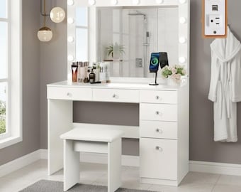 Luxury vanity with illuminated mirror, sockets, 5 drawers, 1 cabinet and stool, perfect for home