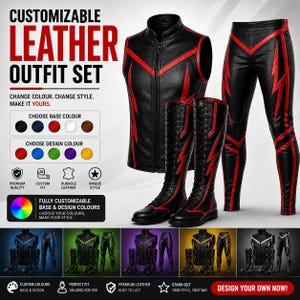 Puede incluir: Un conjunto de ropa de cuero personalizable que incluye un chaleco negro sin mangas y pantalones a juego con detalles de rayos rojos, junto con botas altas negras con cordones. La imagen incluye texto para opciones de color y diseño.