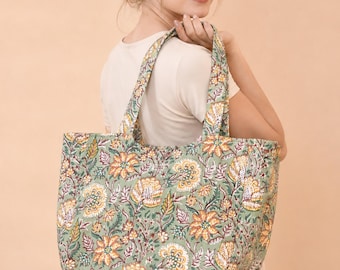 Block Print Tote Bag, Floral Cotton Tote, Handmade Boho Bag, Indian Print Shoulder Bag, Large Everyday Market Beach Bag