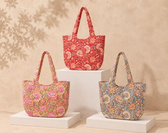 Draagtas met blokprint, katoenen draagtas met bloemen, handgemaakte bohotas, schoudertas met Indiase print, grote strandtas voor dagelijkse markt