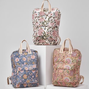 Mochila de lona con estampado floral en bloque, ligera, ideal para viajes, oficina y escuela.