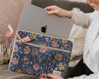 Boho Floral Block Printed Laptop Sleeve, Quilted Cotton Canvas