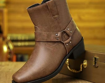 Women's Brown Ankle Boots | Western Cowboy Style Booties | Faux Leather Mid-Calf Boots | Vintage Riding Boots | Casual Fashion Footwear