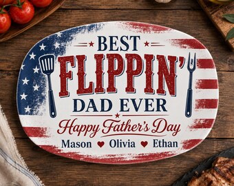 Custom Grilling Plate for Dad, Personalized Best Flippin' Dad Ever Platter Grilling Plate, Gift for Father's Day