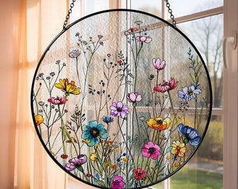 Wildflower Stained Glass Suncatcher, Personalized Floral Garden Window Hanging, Gift for Grandma Mom Nana
