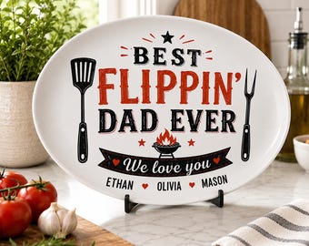 Personalized Best Flippin’ Dad Ever Plate, Custom Kids Name Dad Keepsake, Father’s Day Gift, BBQ Grill Plate for Daddy