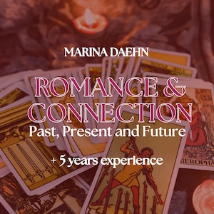 May include: A collection of tarot cards with the text "ROMANCE & CONNECTION" and "Past, Present and Future." The image includes the name "MARINA DAEHN" and "+ 5 years experience." A lit candle is visible in the background.