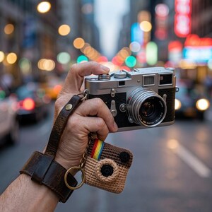 May include: A silver and black rangefinder camera with a lens attached, featuring a dark brown leather wrist strap. Attached to the strap is a small, square, crocheted camera charm in tan and brown with a rainbow stripe and a gold metal key ring.