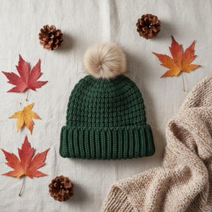 Patrón de gorro de ganchillo acanalado con pompón en PDF, ideal para principiantes (descarga digital).