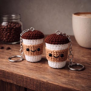 Könnte beinhalten: Zwei gehäkelte Kaffeebecher-Schlüsselanhänger mit lächelnden Gesichtern. Die Schlüsselanhänger sind weiß, braun und beige, mit einem dunkelbraunen Deckel und einer silbernen Kette und einem Schlüsselring. Auf einer Holzoberfläche.