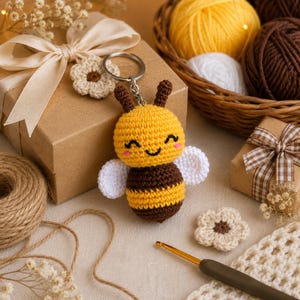Pode incluir: Um chaveiro de abelha de crochê feito à mão com corpo amarelo e marrom, asas brancas e um rosto sorridente. O chaveiro é exibido com fios, caixas de presente e flores de crochê, sugerindo um tema de artesanato ou presente.