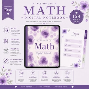 May include: A digital math notebook with a floral design in purple hues. The notebook includes sections for notes, exercises, and practice, with 158 pages. It is fully hyperlinked for easy navigation and is available for instant download.