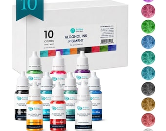 May include: A set of 10 bottles of Artline alcohol ink pigment for epoxy resin art, each containing 10ml. The white box features the text 10 COLORS ALCOHOL INK PIGMENT. The bottles are arranged in front, displaying various colors including yellow, red, and white.