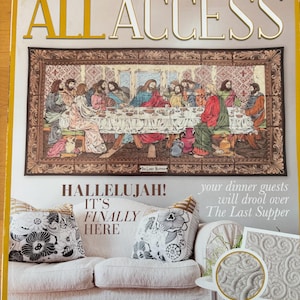 May include: A magazine cover titled The Anita Goodesign March 2018 All Access featuring a large embroidered wall hanging of The Last Supper, two decorative pillows with black and white floral patterns, and a close-up of a quilted fabric texture.