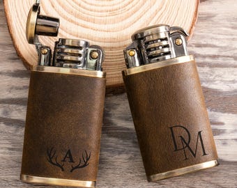 Encendedor de cuero marrón, personalizado con nombre, encendedor vintage grabado con láser, accesorios para puros, regalos para hombres, recuerdo de cumpleaños o boda.