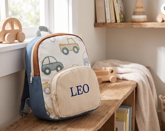 Individuell gestalteter Kinderrucksack, personalisierter Kleinkinderrucksack mit Namen, niedlicher Haus-Auto-Kita-Rucksack, Geschenk mit Monogramm für den Kindergarten, Schulanfang