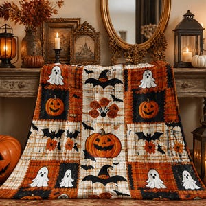 Könnte beinhalten: Eine rechteckige Wohndecke mit einem Patchwork-Muster aus orangefarbenen, schwarzen und weißen Quadraten. Das Design zeigt Illustrationen von lächelnden Kürbissen, weißen Geistern, schwarzen Fledermäusen und orangefarbenen Blumen auf einem karierten Hintergrund.