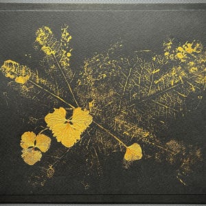 May include: A gold leaf print on a black background. The print shows detailed leaf impressions in various sizes and shapes, creating a natural, artistic design. The artwork is framed with a dark border.