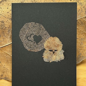 Delicate Handmade Gothic Romantic Skeleton Leaf and Hydrangea Flower Greeting Card - Original Pressed Botanical Art with Love Heart Design