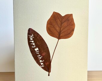 Original gepresste botanische Kunst Karte - Happy Birthday - Tulpe Pappel Blatt mit Blumen Design