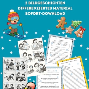 Material para cuentos ilustrados | Invierno y repostería | Relacionar oraciones · Texto con espacios en blanco · Escritura creativa | Alemán · Alemán como segunda lengua · Escuela primaria · Escuela elemental