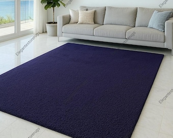 Solid Navy Blue Area Rug, 5X8 Modern Minimalist Wool Rug, Large Living Room Bedroom Rug, Plush Hand Tufted Carpet, Contemporary Floor Decor