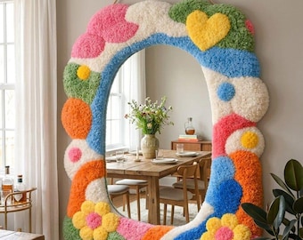 Hand Tufted Mirror Rug, Colorful Wall Mirror Rug, Funky Tufted Mirror Frame, Nursery Decor, Custom Decorative Mirror.