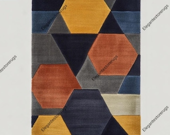 Tufted Wool Rug, 5x7 ft,  Modern Geometric Area Rug, Navy Blue Mustard Orange Gray Carpet, Handmade Floor Rug,  Living Room Decor.