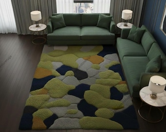 Moss Rug, 3D Moss Tufted Wool Carpet, Forest Green Organic Pebble Mat, Sculpted Aesthetic Floor Rug, Cozy Living Room Decor
