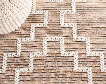 Handmade Jute Area Rug Neutral Geometric Carpet, 5X8 ft, Boho Farmhouse Living Room Rug, Beige Cream Woven Floor Mat, Bedroom Rug.